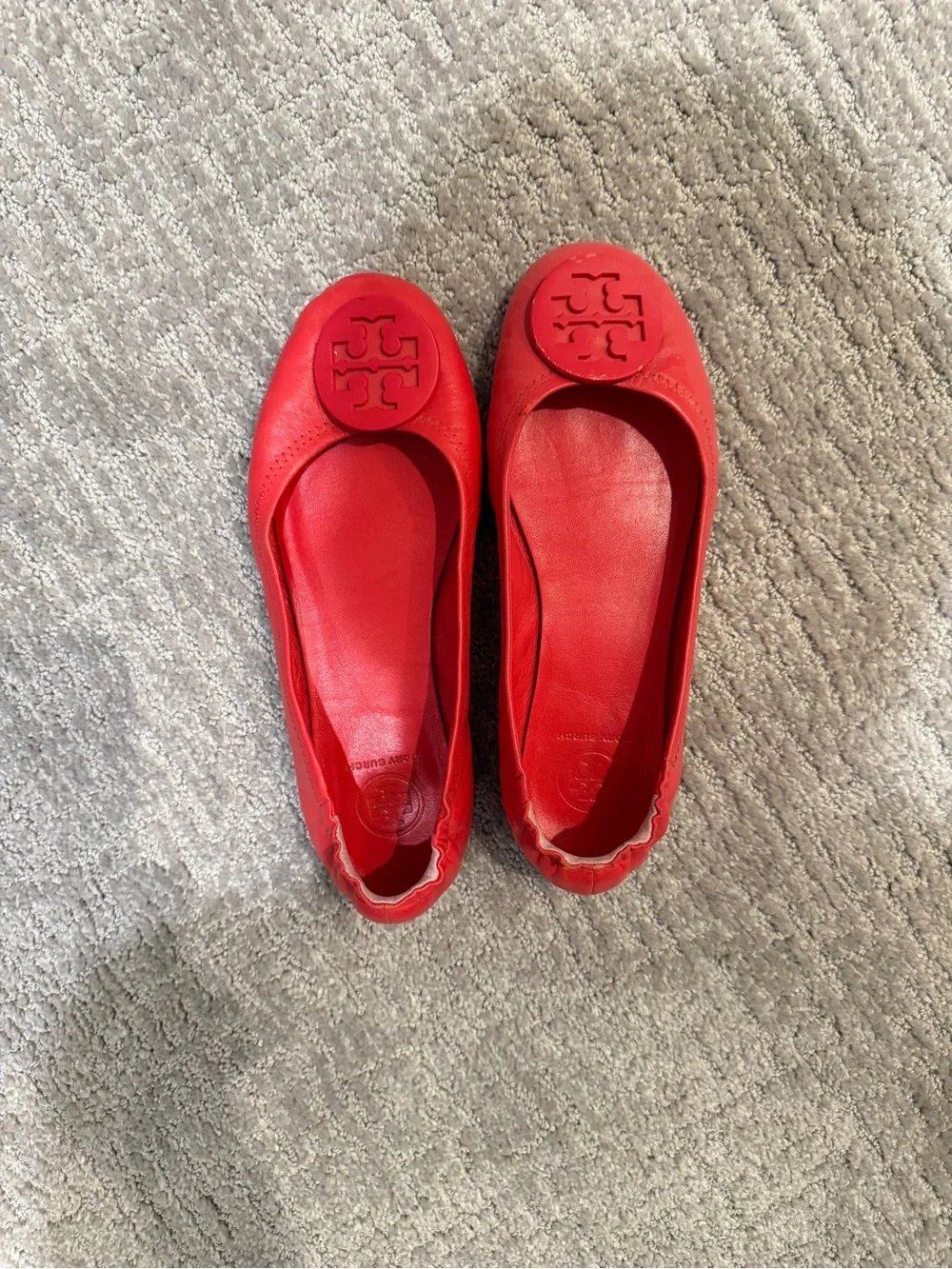 Tory Burch Red Leather Logo Round-Toe Ballet Flats